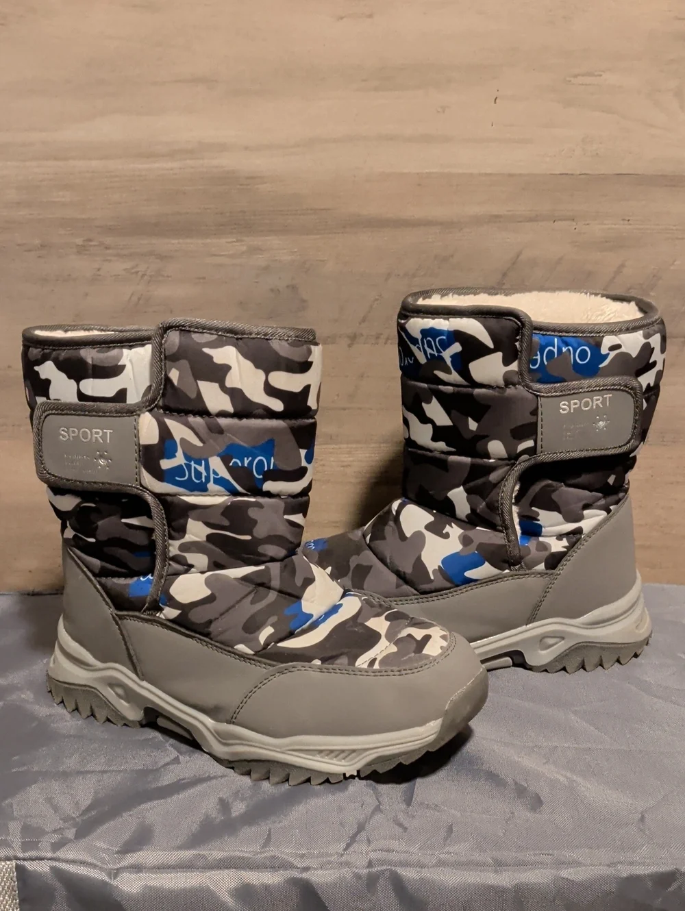 Sport Kids Grey, Black & Blue Camo Winter Boots